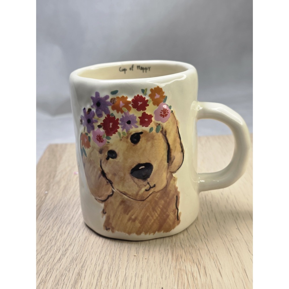 Natural Life Cup of Happy Dog Floral Crown Ceramic Mug Give Love Laugh